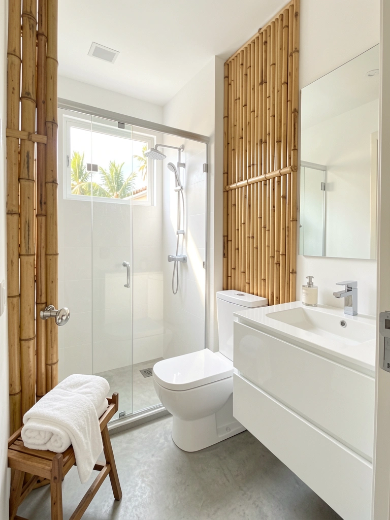 Banheiro branco com box amplo de vidro, penteadeira com torneira cromada e biombo de bambu, luz natural entrando pela janela.