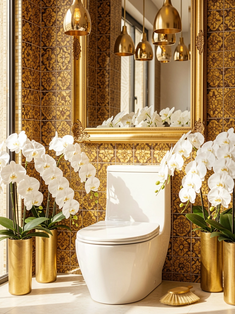 Luxuosa bacia sanitária branca de porcelana com design curvo, espelho dourado e orquídeas brancas em vasos dourados, luz natural quente iluminando azulejos marrom e dourados.