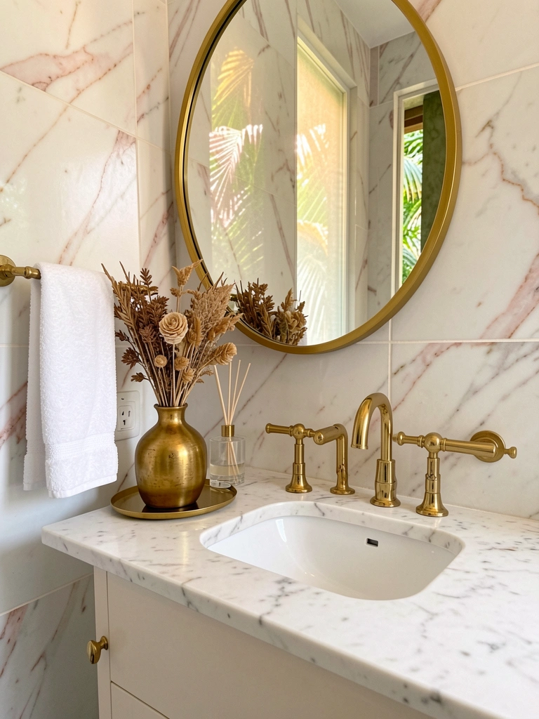 Mármore branco com veios rosados, bancada com torneira dourada e vaso com flores secas sobre bandeja, luz natural difusa.