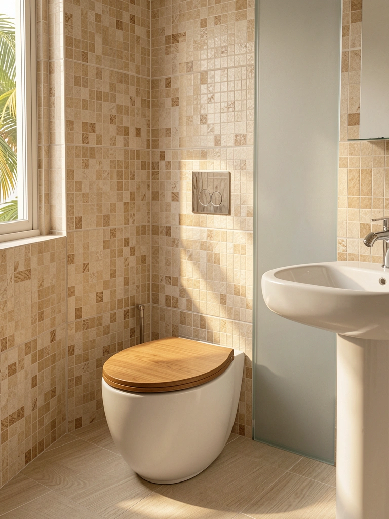 Parede de azulejos bege com textura mosaico, vaso sanitário de madeira e pia branca com torneira cromada, luz natural suave.