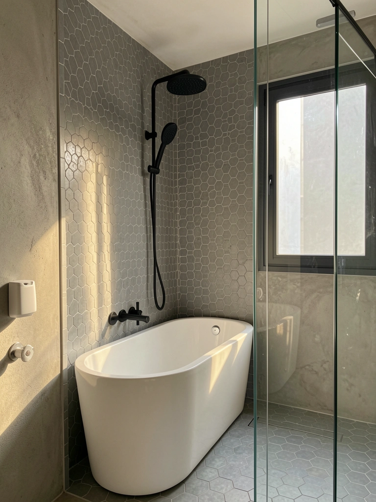 Banheira de porcelana branca em nicho com azulejos hexagonais cinza, chuveiro preto pendente e vidro fosco refletindo luz natural.