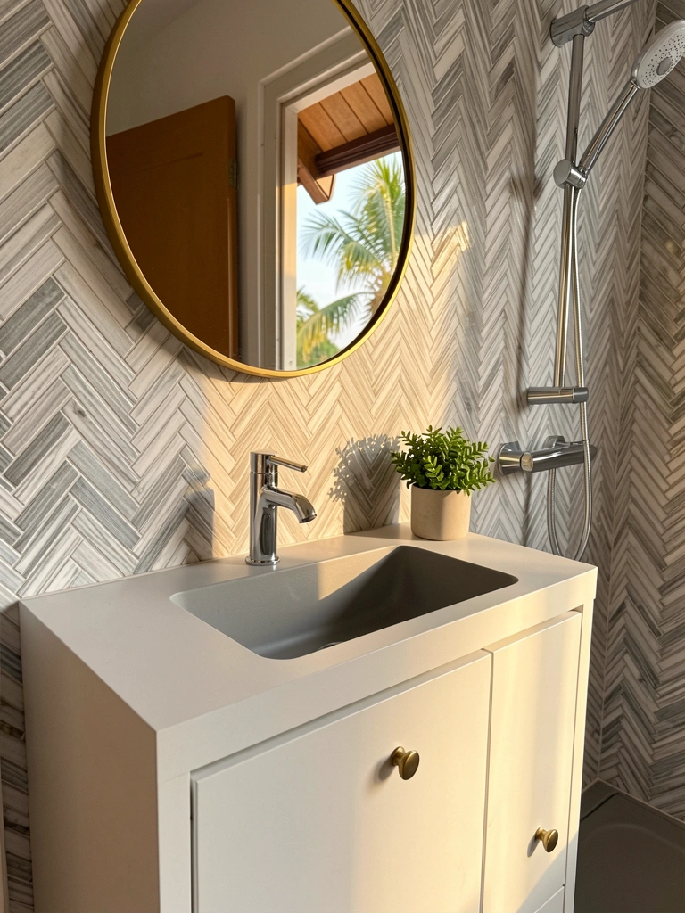 Penteadeira branca fosca com cuba cinza, espelho redondo com moldura dourada e azulejos herringbone cinza e branco em close-up.