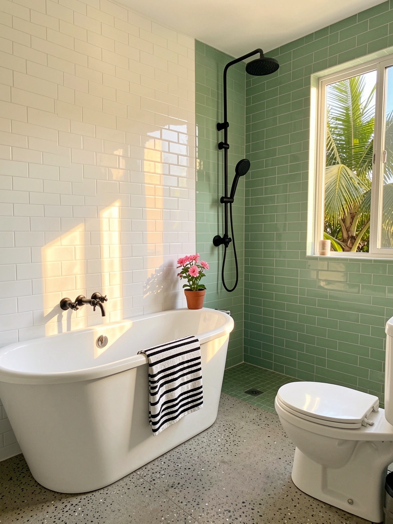 Banheiro branco com pastilhas verdes no chuveiro, banheira com toalha listrada, vaso de planta rosa e luz natural entrando pela janela.