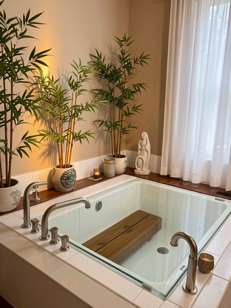Banheiro moderno com banheira de vidro, plataforma de madeira, torneira de aço inoxidável e vasos de bambu sob luz quente.