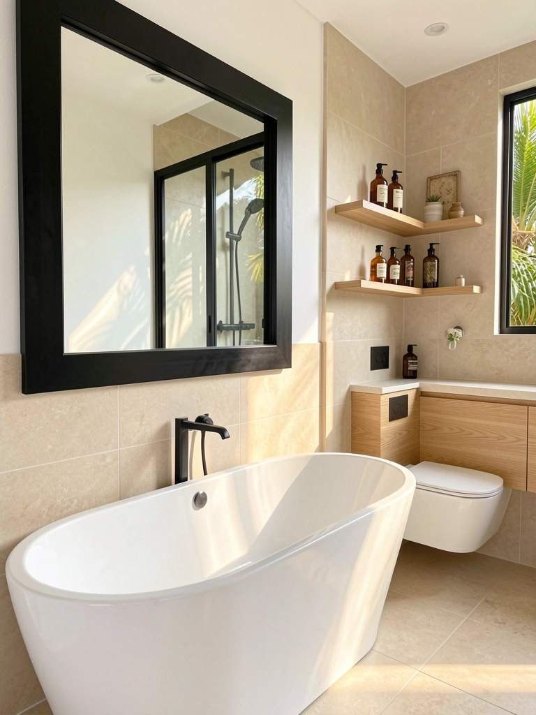 Banheira branca com torneira escura, moldura preta de espelho retangular e prateleiras com frascos decorativos, luz natural aquecendo o ambiente.