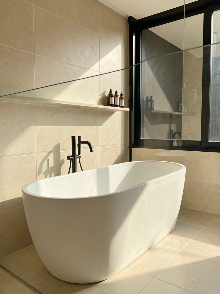 Banheira branca fosca com torneira preta, azulejos bege claros e janela preta refletindo luz natural.