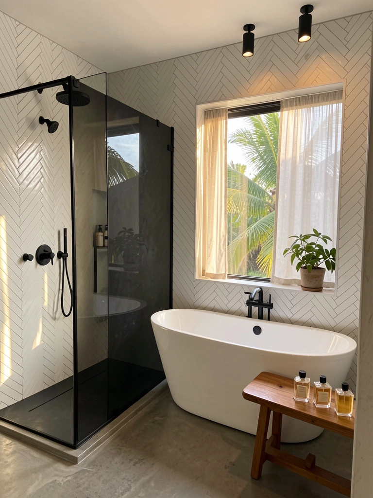 Box de vidro preto com azulejos herringbone brancos, banheira sob janela com cortina leve e vaso no parapeito.