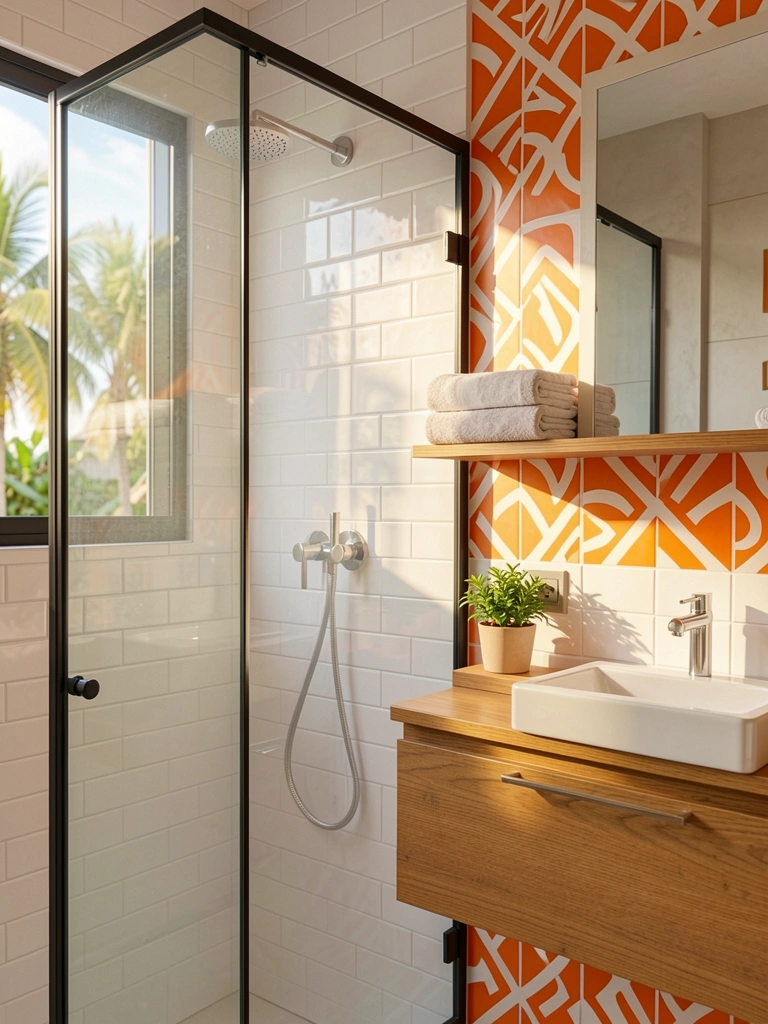 Box de vidro com moldura preta, parede de metrô branca e bancada flutuante de madeira com torneira de aço inox, luz natural intensa.