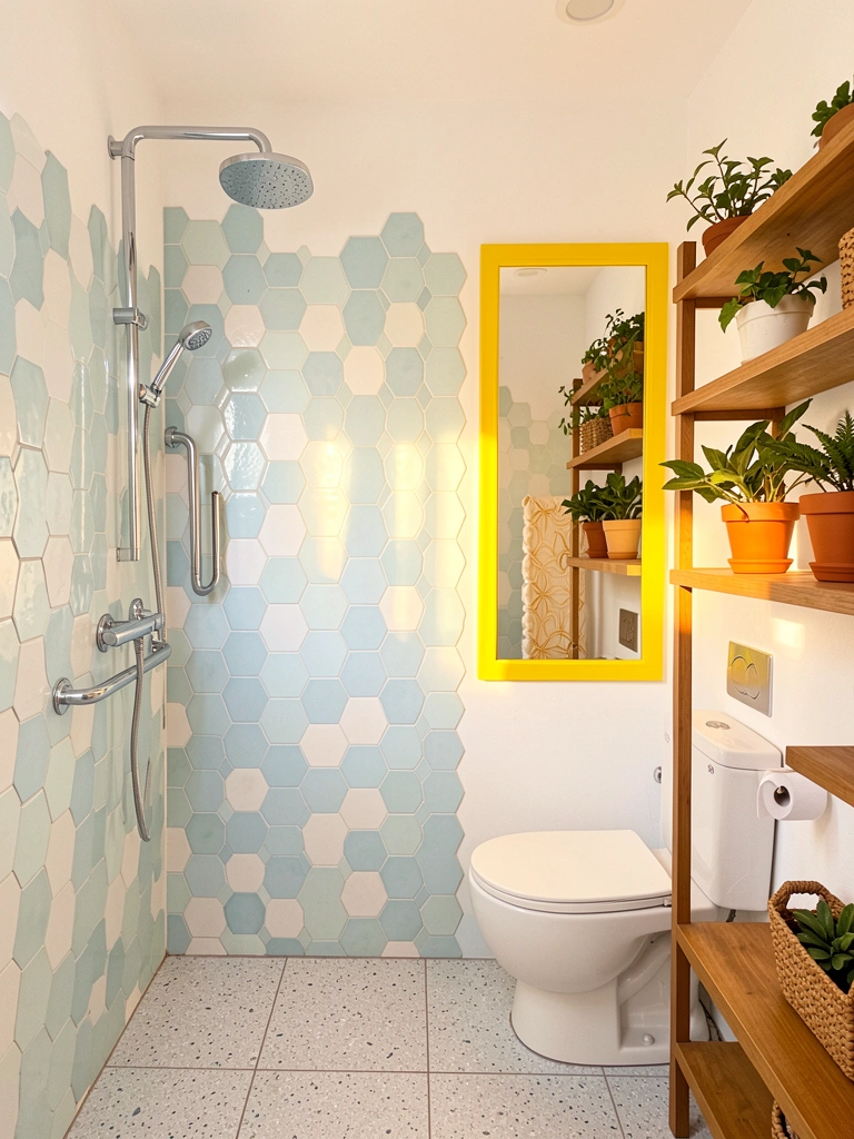 Azulejos hexagonais azul-claro e branco, chuveiro cromado e barra de apoio à esquerda, vaso sanitário e estante de madeira com vasos à direita, espelho com moldura amarela, luz natural.