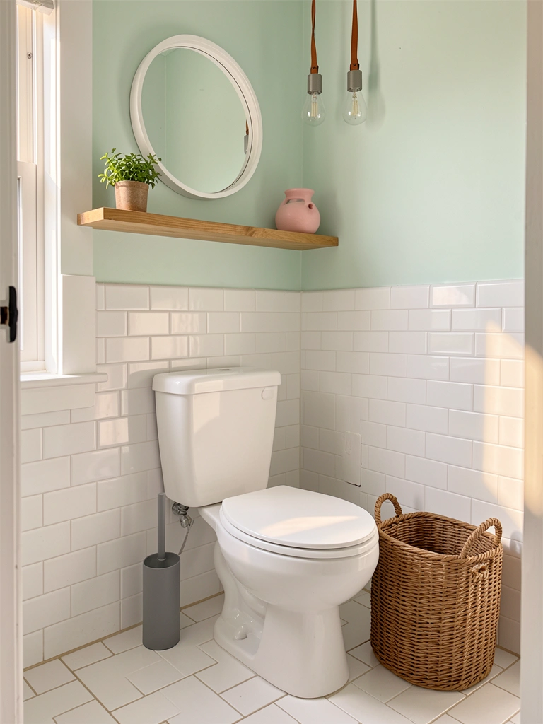Vaso sanitário branco com escova cinza e cesto de vime ao lado, azulejos brancos no piso, parede verde menta, prateleira de madeira com vaso de planta e objeto cerâmico rosa, espelho redondo com moldura branca, luz natural.