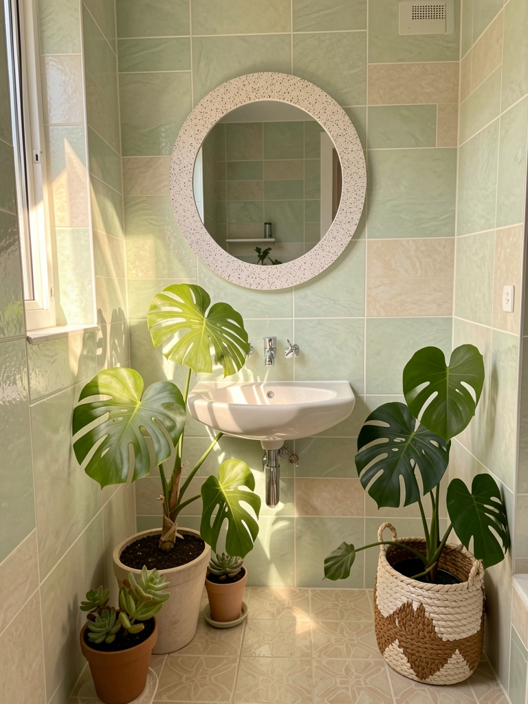 Luz do sol incide sobre azulejos verdes e bege, pia branca com torneira cromada, espelho redondo com moldura salpicada e vasos de plantas, incluindo uma Monstera Deliciosa.
