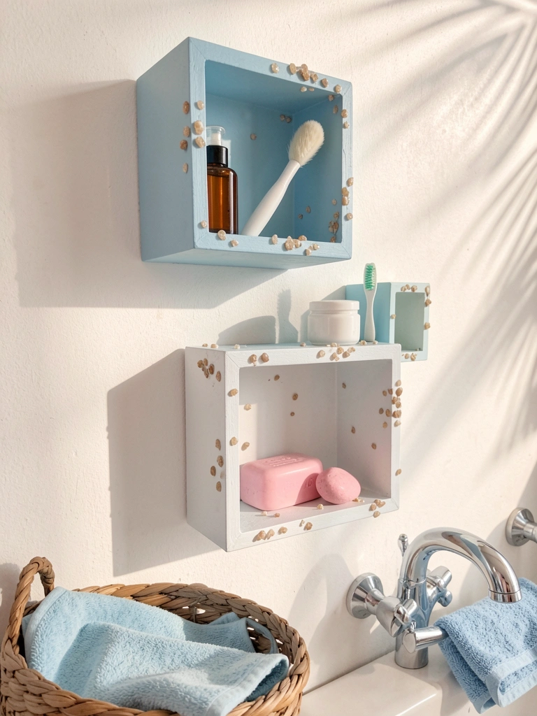 Prateleiras quadradas azul pastel com frasco âmbar e pincel, sabonete rosa e pedrinha decorativa, luz natural e torneira cromada ao fundo.