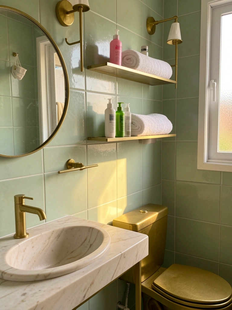 Pia de mármore claro com torneira dourada, espelho redondo dourado, prateleiras com frascos de skincare e toalha branca, azulejos verdes suaves e luz natural.