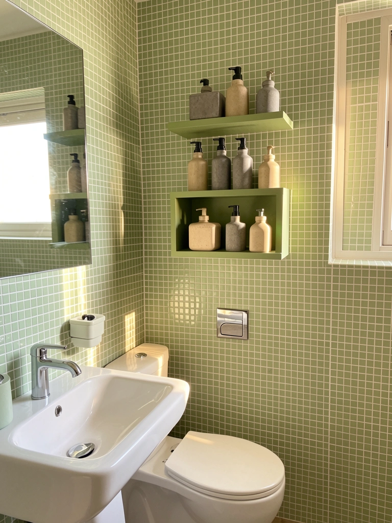 Luz natural incide sobre pia branca, vaso sanitário e espelho em banheiro com azulejos verdes claros e prateleiras com dispensers de concreto em cinza e bege.