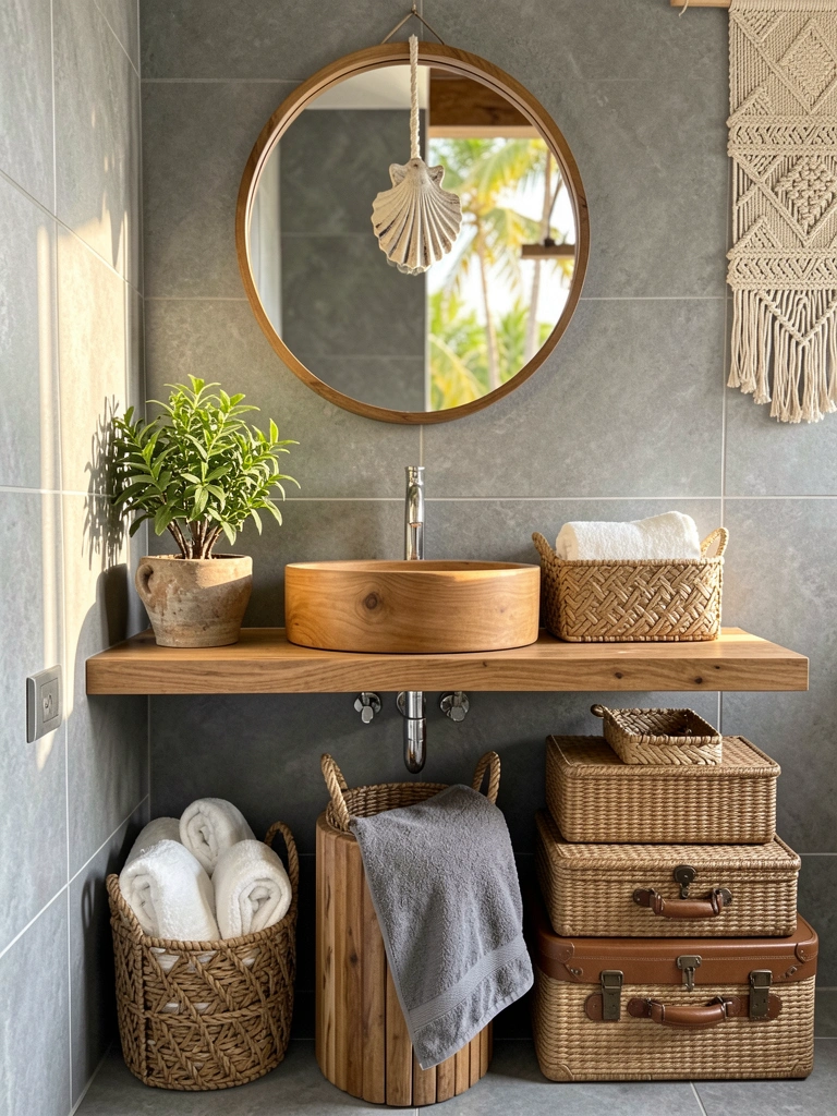 Banheiro com azulejos cinza, pia de madeira, espelho redondo com concha pendurada e banco cilíndrico com cesto de vime, luz natural.