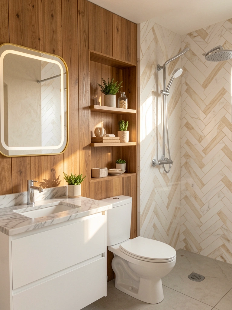 Banheiro pequeno com bancada de mármore, parede de madeira e azulejo espinha de peixe branco e bege, luz natural entrando pela janela.