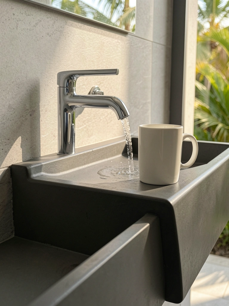 Pia de granito cinza escuro com borda curva, torneira cromada com água corrente e caneca de cerâmica branca na borda, luz natural de janela.