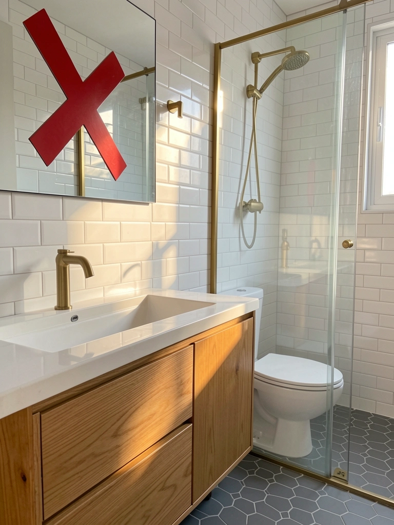 Subway tile branco, torneira dourada escovada, armário de madeira e piso hexagonal cinza em banheiro minimalista com luz natural.