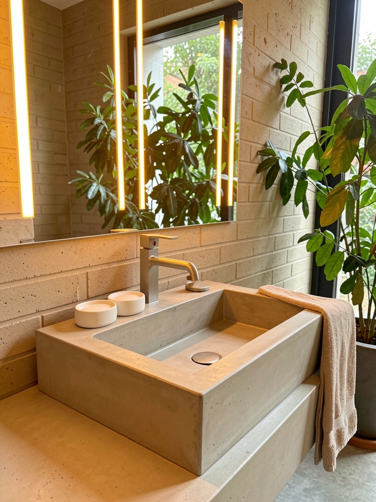 Pia retangular de concreto com torneira minimalista, saboneteiras de cerâmica branca e toalha bege dobrada, luz natural e fitas LED douradas refletidas no espelho.