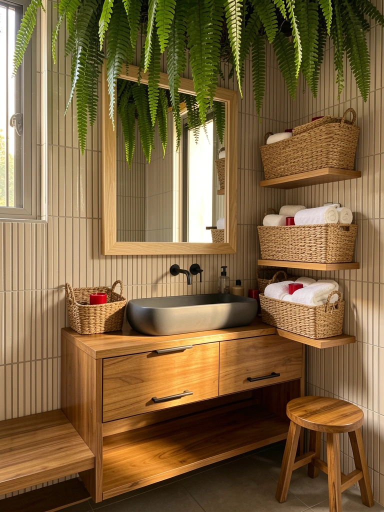 Lavabo com cuba escura esculpida, bancada de madeira, torneira preta fosca e samambaias pendentes à luz natural.