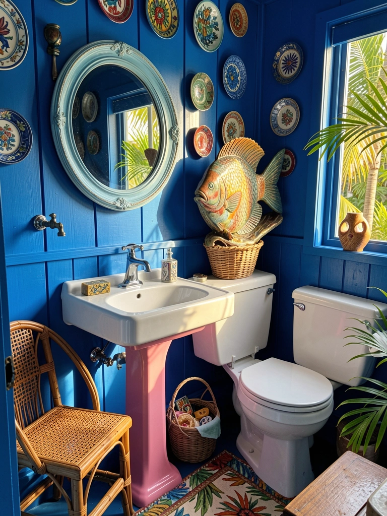 Luz natural incide sobre pia de porcelana branca com base rosa, peixe decorativo sobre cesto, e azulejos azuis escuros.