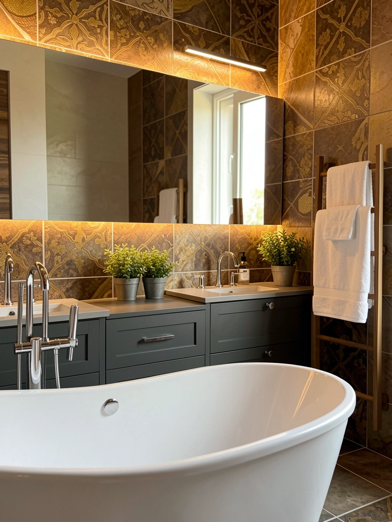 Luz de LED horizontal ilumina parede com azulejos marrom e dourado atrás de bancada dupla cinza escuro com torneiras cromadas, banheira branca e plantas.