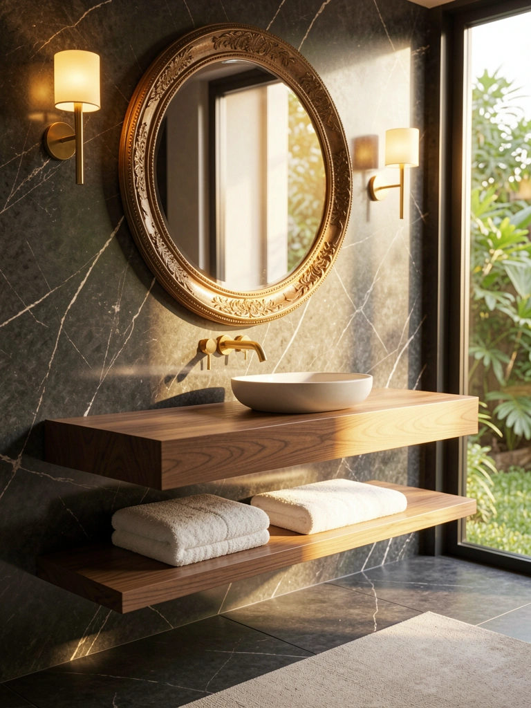 Mármore escuro reflete luz quente em espelho circular ornamentado, penteadeira de madeira com cuba de cerâmica minimalista e toalha branca dobrada.
