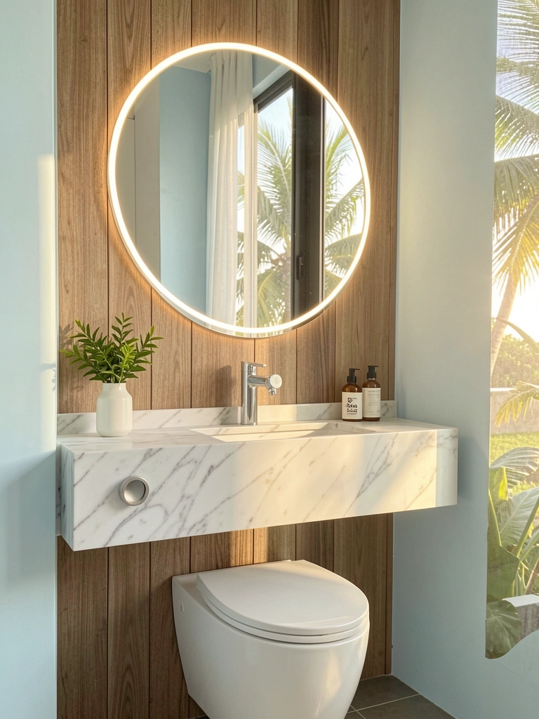 Mármore branco da bancada com espelho circular e vaso verde, parede azul clara e luz natural.