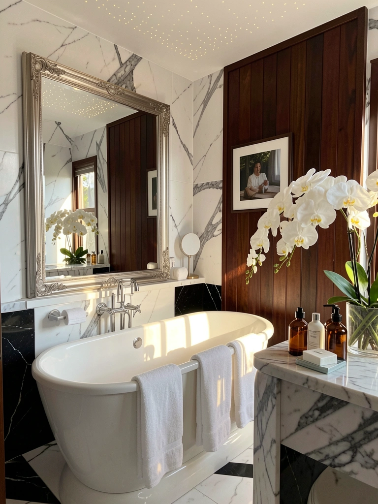 Mármore branco e preto, banheira esquinada, orquídeas em vaso de vidro, luz natural incide sobre o mármore.