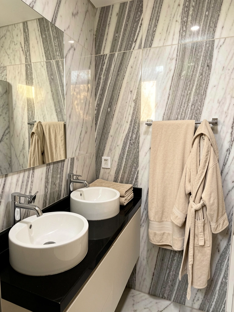Mármore cinza e branco com estrias verticais, penteadeira flutuante, duas pias redondas brancas sobre bancada preta, torneiras cromadas, toalhas bege e roupão claro, luz natural refletindo no mármore.