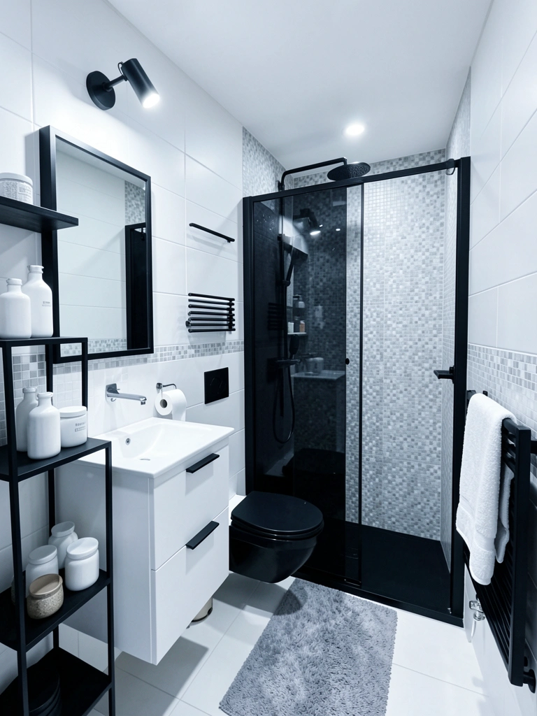 Parede de mosaico cinza claro com vasos sanitário e box pretos, bancada flutuante branca e espelho retangular de moldura preta refletindo o ambiente.