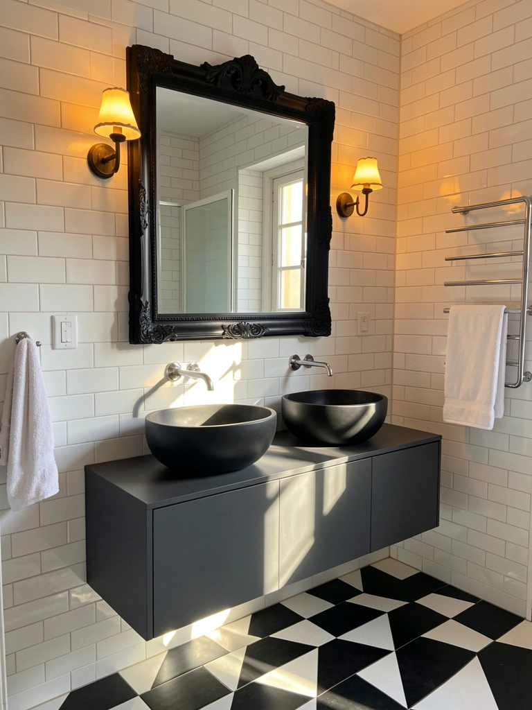Lavabos pretos foscos sobre armário flutuante cinza escuro, espelho preto ornamentado, azulejos subway brancos e piso xadrez preto e branco, luz natural e arandelas vintage quentes.