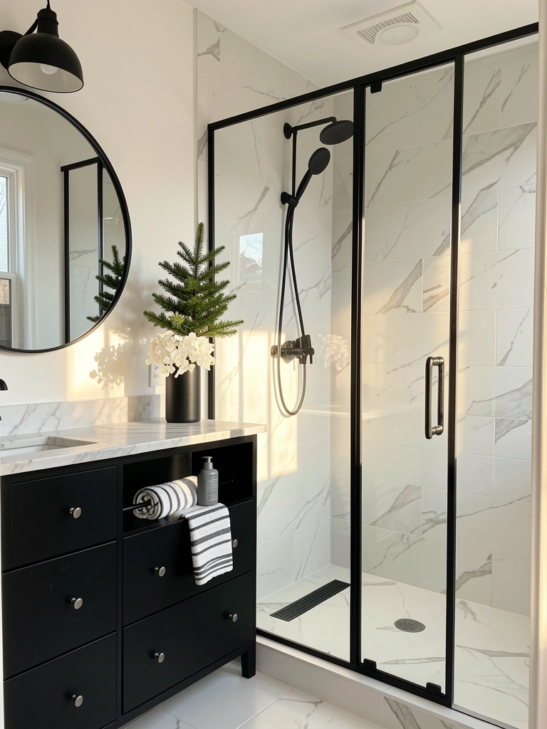 Banheiro com bancada de mármore, vaso preto cilíndrico com flores brancas e árvore de vaso sobre o tampo, box de vidro com estrutura preta e luz natural entrando.