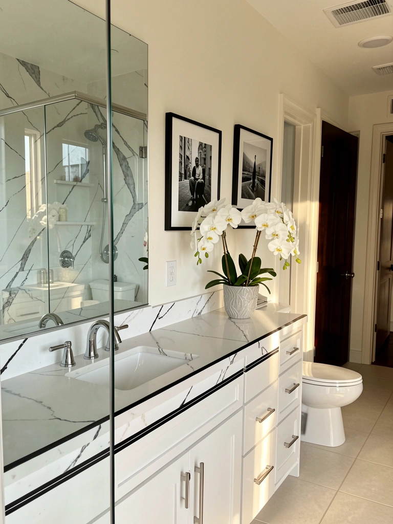 Mármore preto e branco com detalhes lineares, pia branca, torneiras cromadas e orquídeas brancas em vaso sobre a bancada, luz natural refletida no espelho.