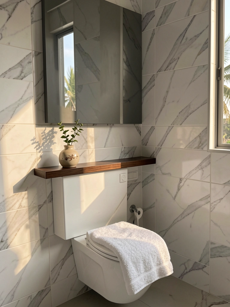 Toalha branca sobre vaso sanitário branco, bancada flutuante de madeira escura com vaso de cerâmica e planta, espelho cinza reflete azulejos marmorizados, luz natural do dia.