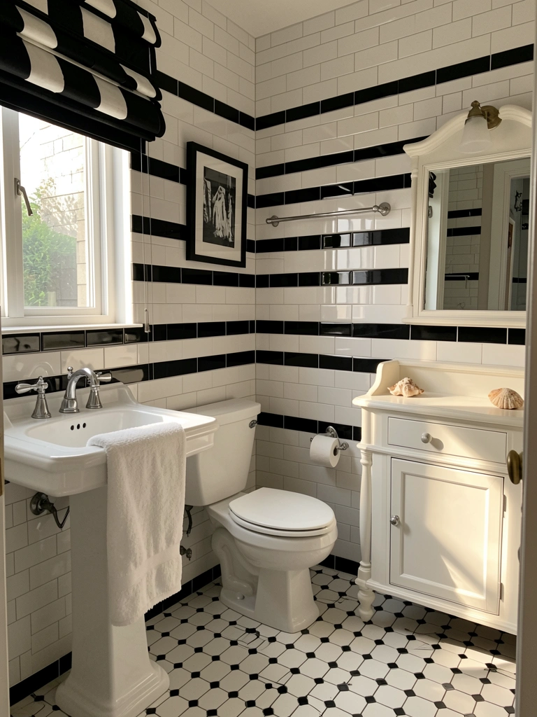 Banheiro com azulejos brancos e faixas pretas, pia com toalha felpuda, luminosidade natural destacando texturas e reflexos.