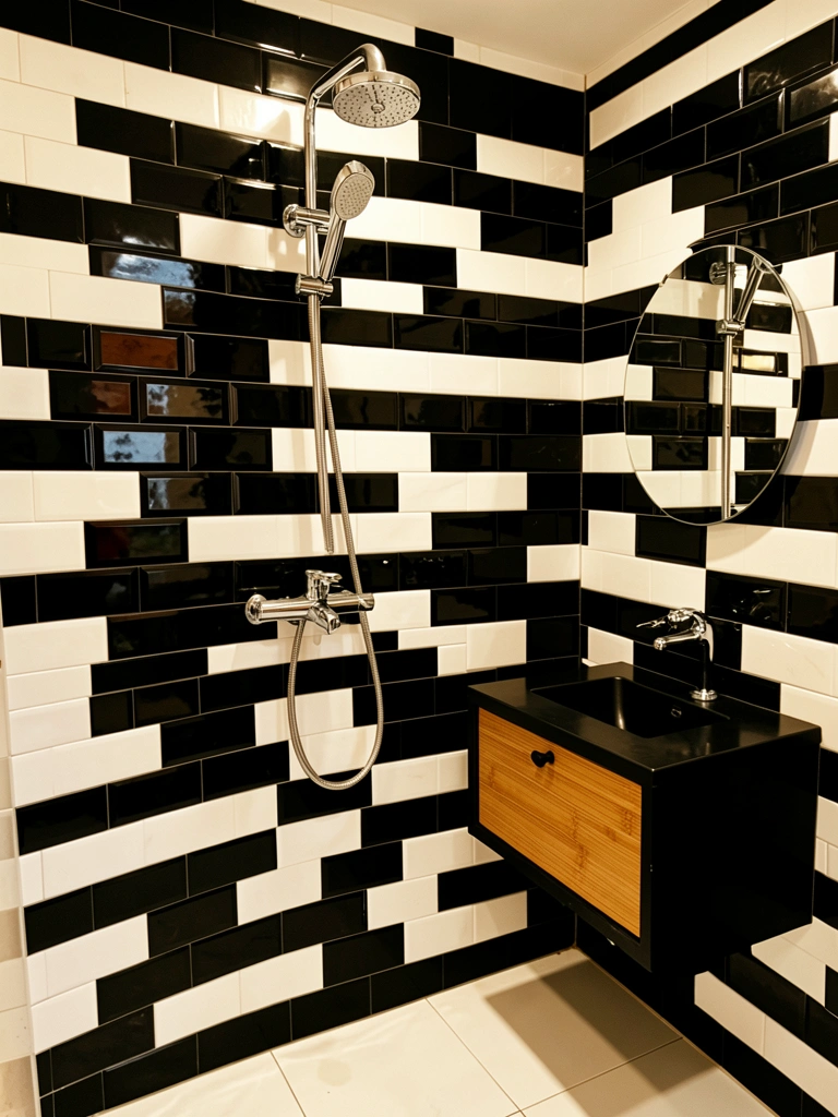 Parede de banheiro em ladrilhos geométricos pretos e brancos, chuveiro cromado e bancada flutuante preta com gaveta de bambu, luz natural aquecida.