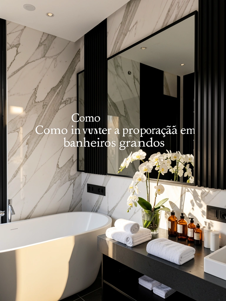 Mármore branco, banheira esguia e espelho preto retangular refletindo o título, luz natural incide sobre frascos âmbar e orquídeas.