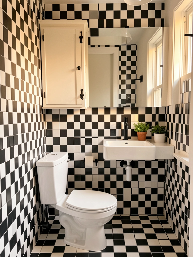 Piso e parede com ladrilho xadrez preto e branco, vaso sanitário branco, pia com torneira preta e vaso de planta verde sob luz natural.