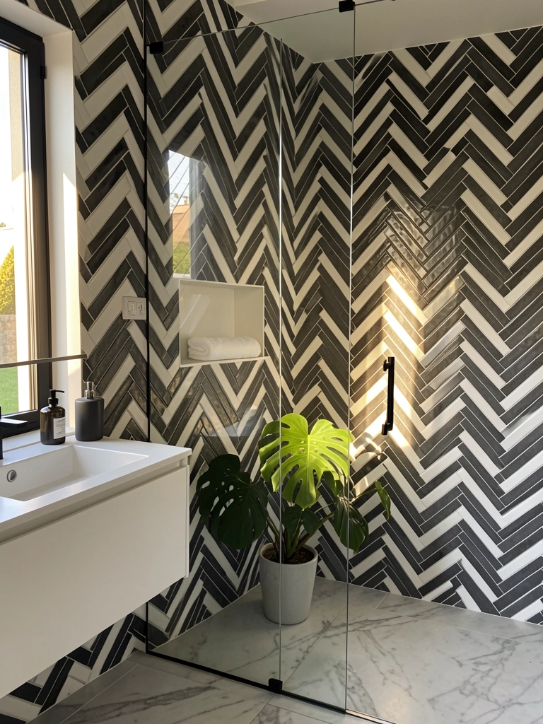 Parede de azulejos herringbone preto e branco com textura 3D, box de vidro sem moldura com puxador preto e pia suspensa branca sob luz natural.
