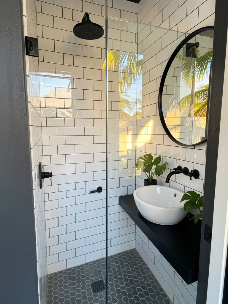 Box de chuveiro com azulejos brancos e pretos, espelho redondo preto e pia de louça sobre bancada preta, piso hexagonal cinza, vaso de planta verde ao lado, luz natural do dia.