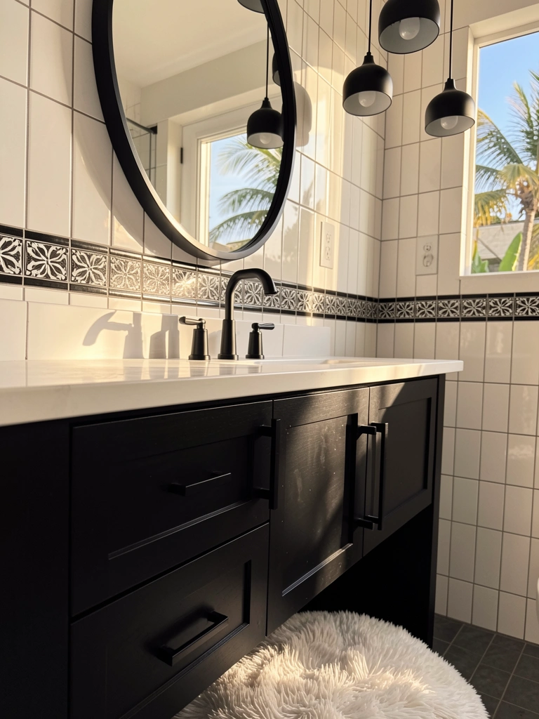 Armário preto com puxadores e torneiras pretas, bancada branca, azulejos xadrez e espelho redondo com moldura preta, luz natural.