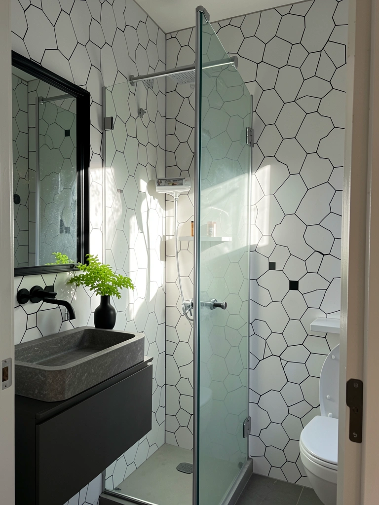 Paredes de azulejos hexagonais brancos e pretos em banheiro com box de vidro, pia suspensa de pedra cinza e espelho com moldura preta, sob luz natural que projeta sombras suaves.