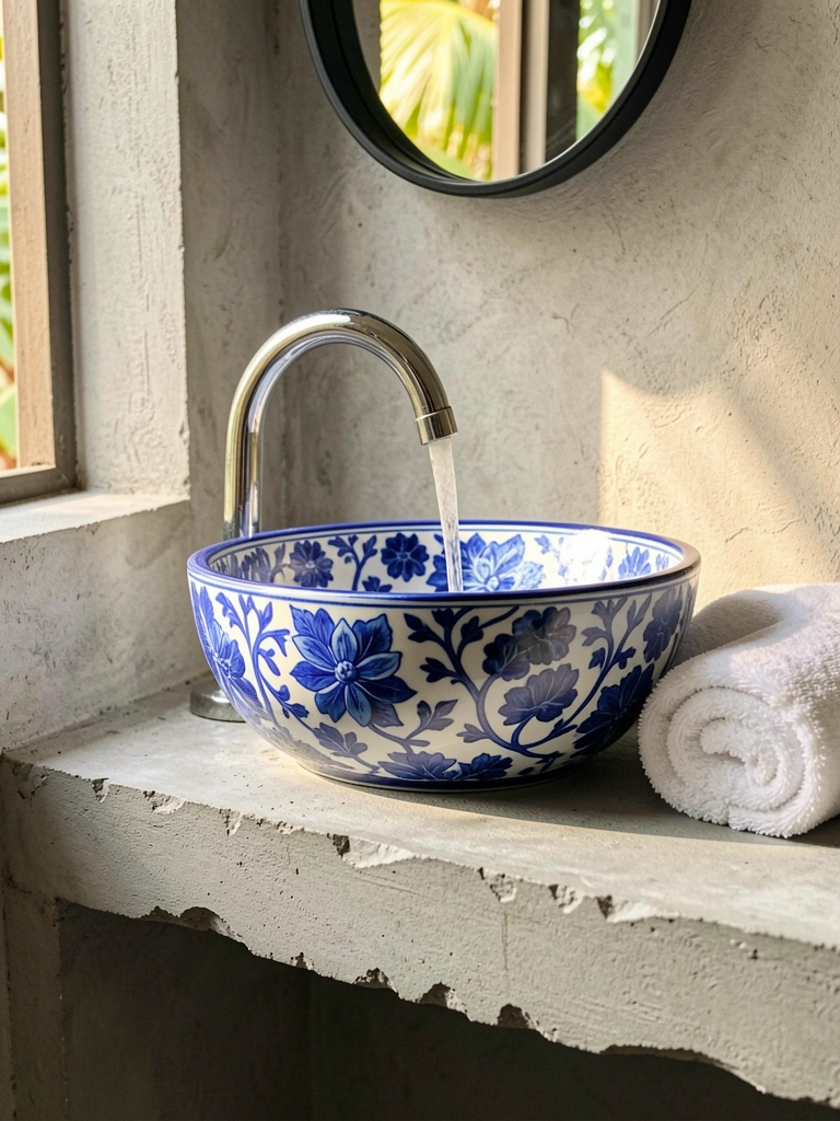 Lavabo com cuba de cerâmica azul e branca, torneira curva e prateleira de concreto rústico, luz natural suave.