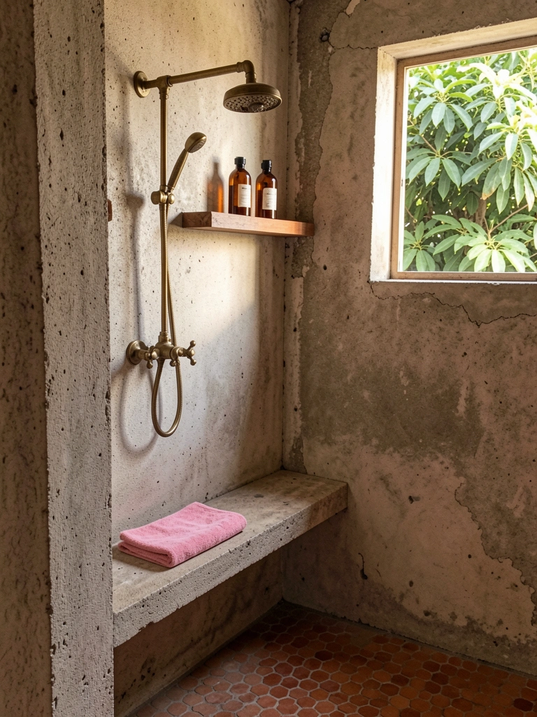 Vaso sanitário de concreto texturizado com chuveiro e torneira de latão vintage, toalha rosa dobrada em banco de pedra, frascos âmbar na prateleira, azulejos de terracota no chão e luz natural entrando por janela com folhagem verde.