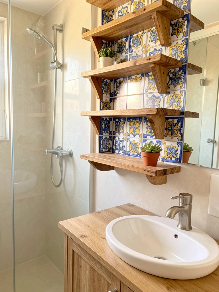 Luz natural incide sobre estante rústica de madeira com azulejos portugueses azuis, amarelos e brancos, pia oval branca e torneira de níquel escovado.