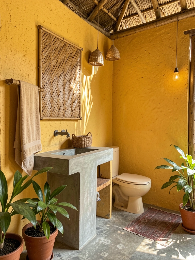 Parede de estuque amarelo, pia e vaso sanitário de concreto, cesto de vime e plantas verdes em vasos, luz natural filtrada por telhado de palha.