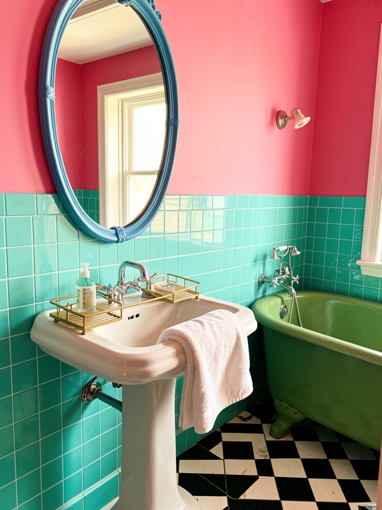 Lavatório de porcelana branca com cesto dourado sobre piso xadrez preto e branco, paredes rosa e turquesa, banheira verde e espelho oval refletindo as cores.