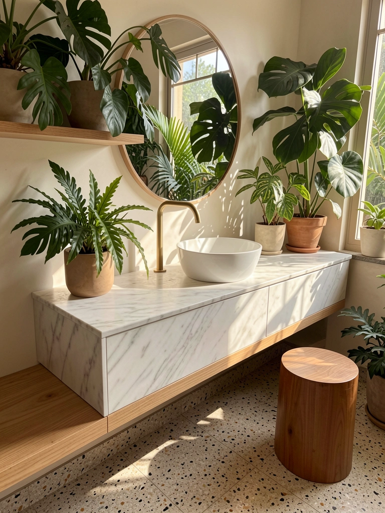 Bancada flutuante de mármore branco e madeira com cuba de louça, torneira dourada e espelho circular, plantas tropicais ao fundo, luz natural suave.