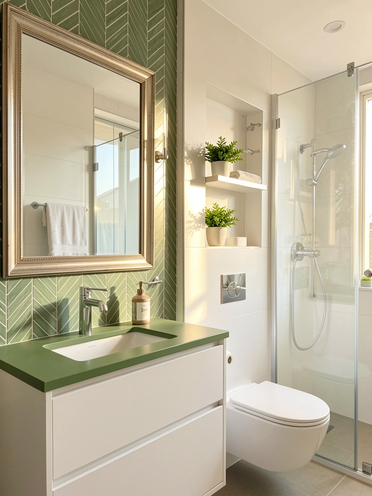 Grande espelho com moldura original reflete azulejos verdes em espinha e bancada branca com tampo verde, torneira cromada e luz natural.